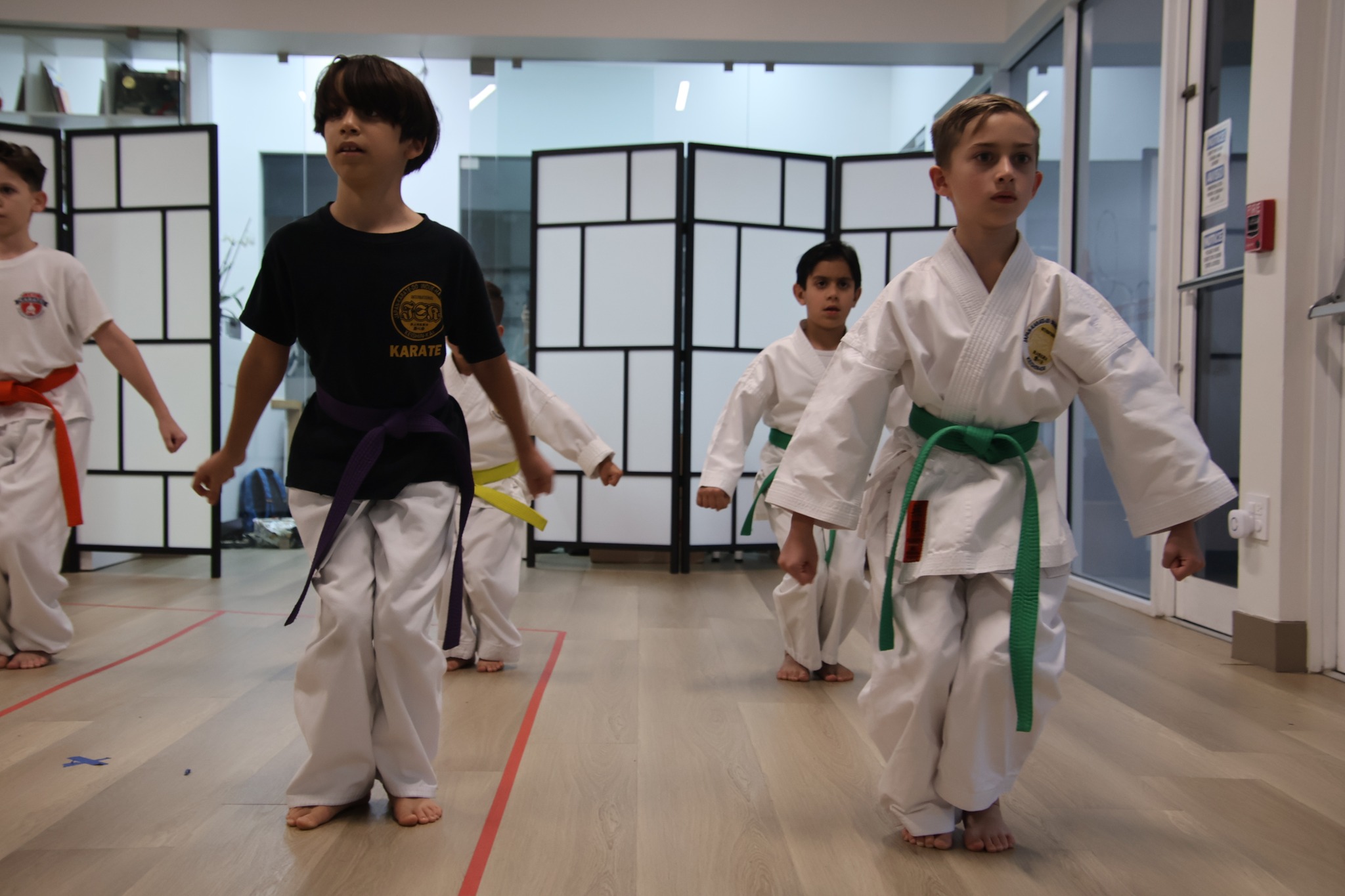 Young karate students training kata