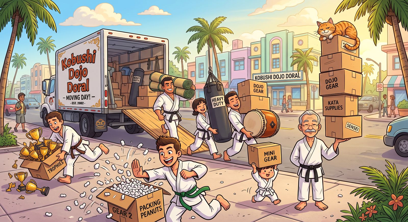 Kobushi Dojo Doral students and senseis carrying tatami mats, trophies and gear to a moving truck on moving day